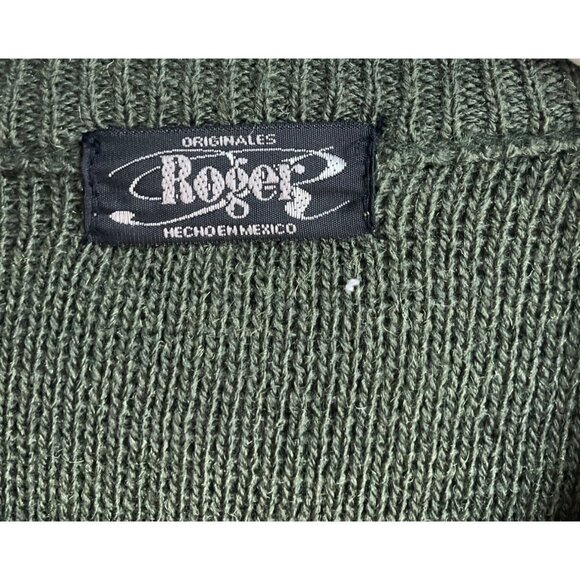 VTG Roger Sz Large Olive Green Cardigan Sweater wool blend Novelty Cows Goats - Picture 4 of 10